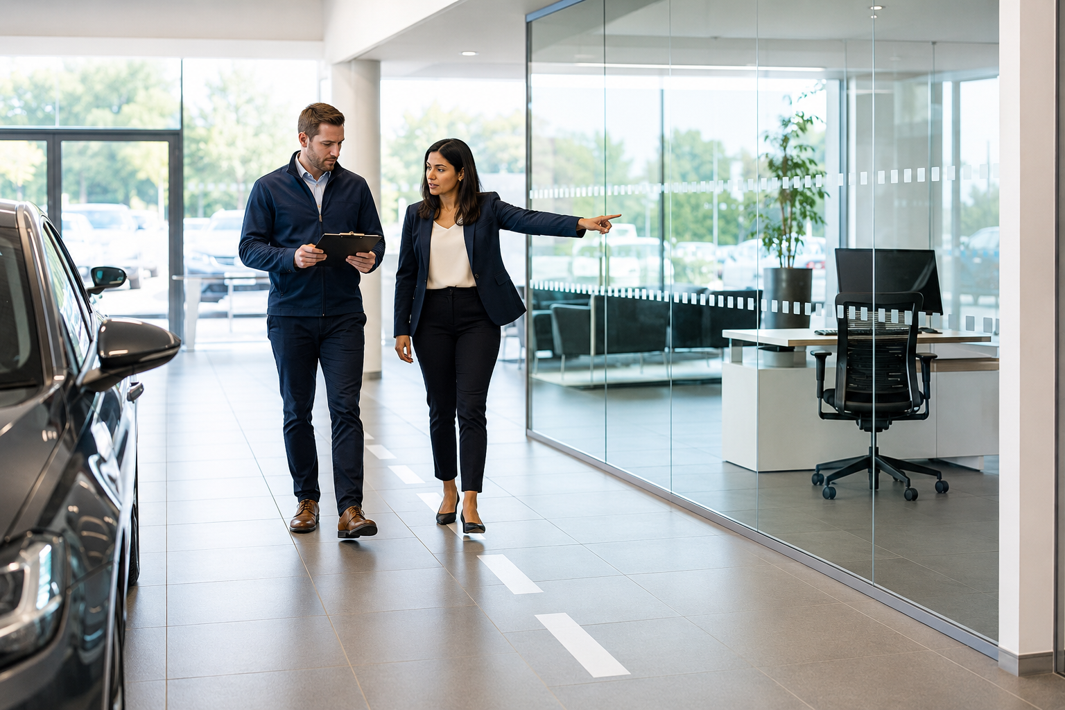 Two staff reviewing safety controls beside a clear pedestrian route in a modern automotive showroom and office