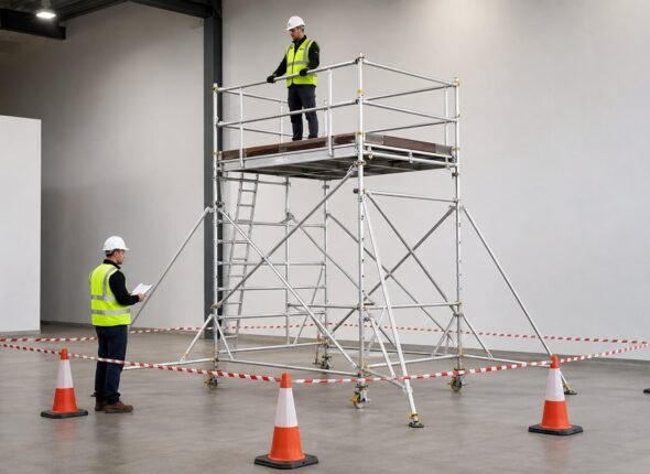 Worker using a fully guarded mobile access tower while a supervisor checks the tower and exclusion zone