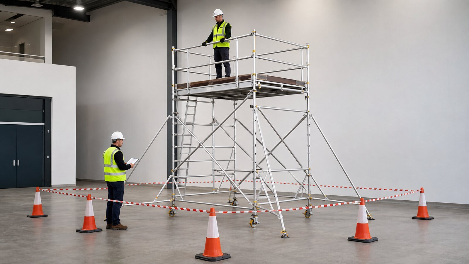 Worker using a fully guarded mobile access tower while a supervisor checks the tower and exclusion zone