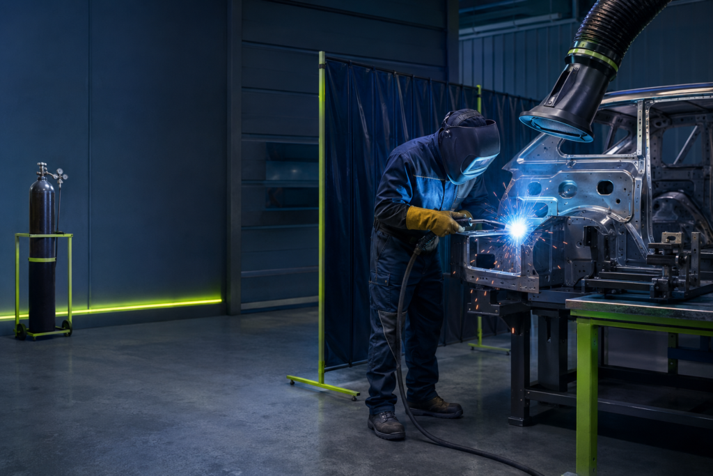 Welder using local exhaust ventilation and full welding PPE in a controlled workshop