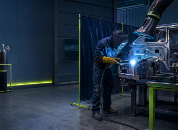 Welder using local exhaust ventilation and full welding PPE in a controlled workshop