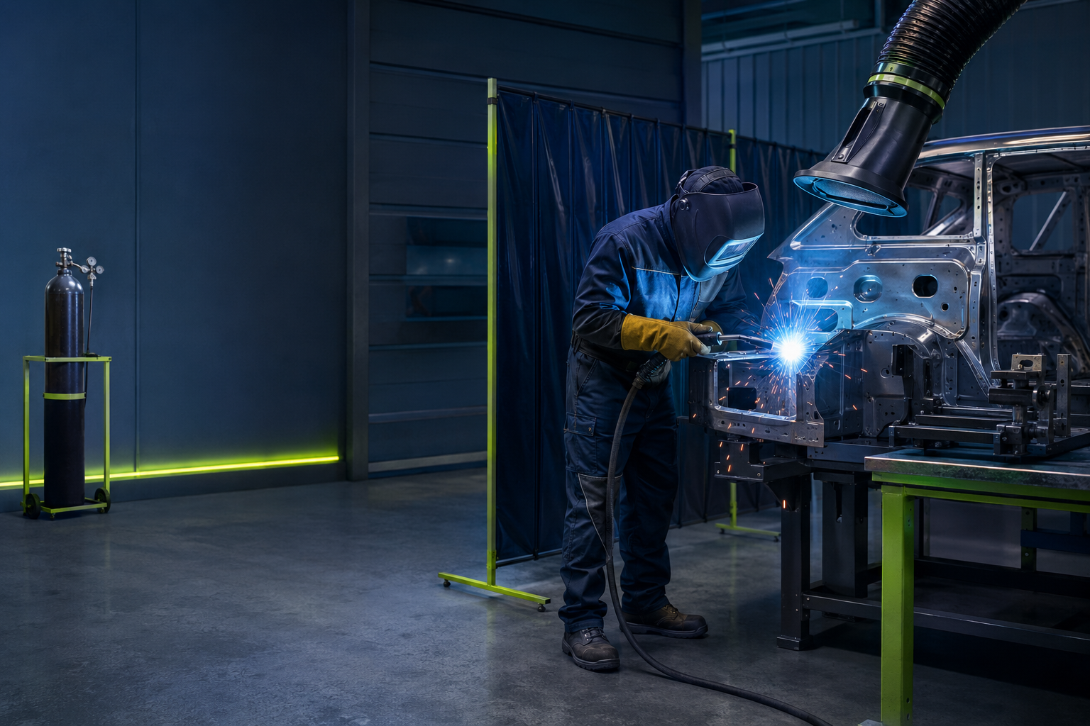 Welder using local exhaust ventilation and full welding PPE in a controlled workshop