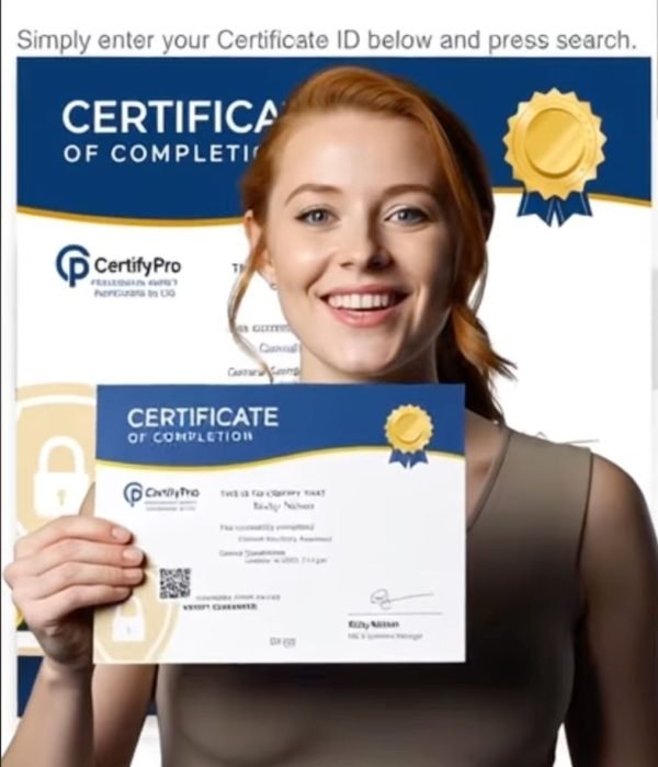 Young woman holding a CertifyPro training certificate, smiling confidently after completing online health and safety training.